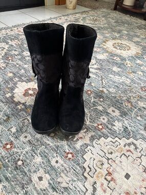Coach Black Suede Mid-Calf Winter Boots with Signature Logo Panel